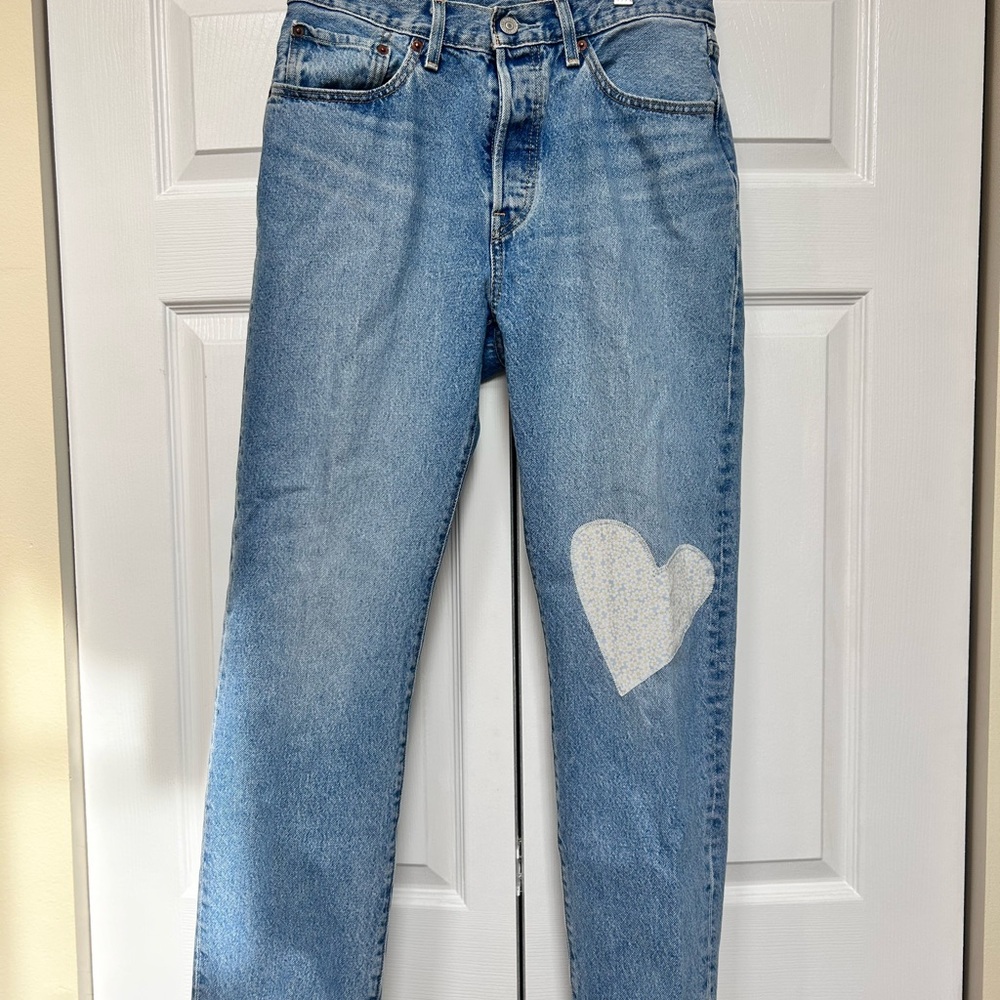Levi's Blue and White Straight Leg Jeans with Heart Design